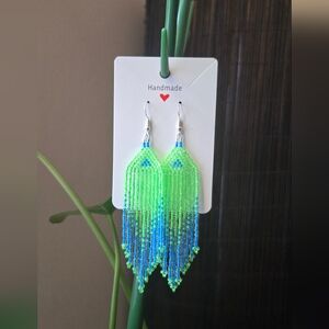 Handmade Green and Blue Beaded Earrings
